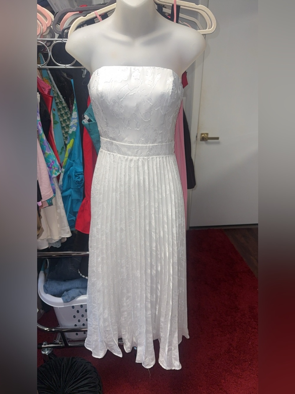 Lulus Strapless White Pleated Lace Midi Dress